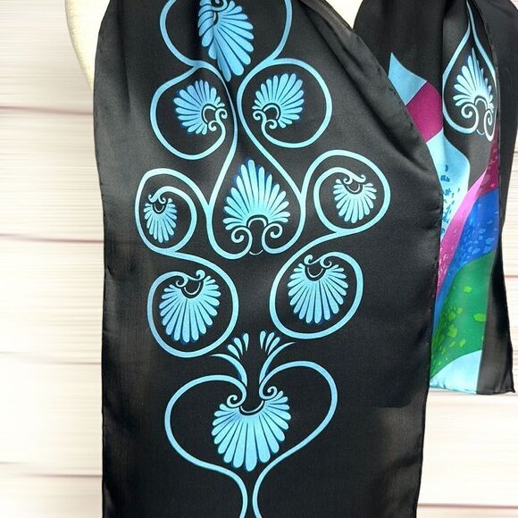 Rush Limbaugh Vintage Silk Black with Blue Pink Green Hand Rolled Scarf - Picture 6 of 13